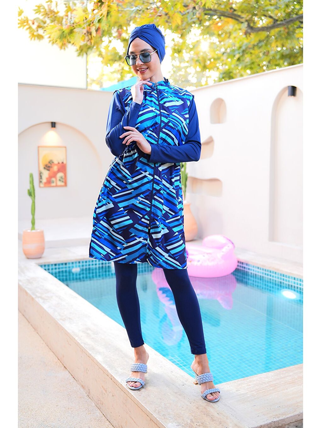 Lacivert Paraşüt Kumaş Fermuarlı Jile Model Taytlı Kapalı Tesettür Mayo 3861-1