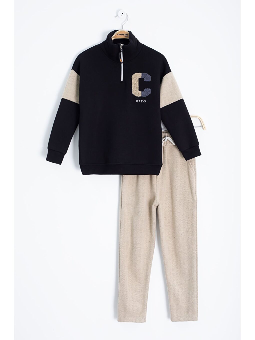Ekru Krem Kadife Pantolonlu Fermuarlı Yaka Şardonlu Erkek Çocuk Takım 23242