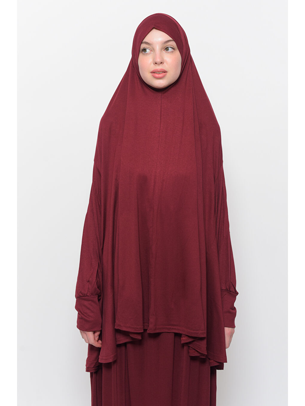Bordo İki Parça Pamuklu Yarasa Kollu Başörtülü Organik Terletmez  Elbise-3