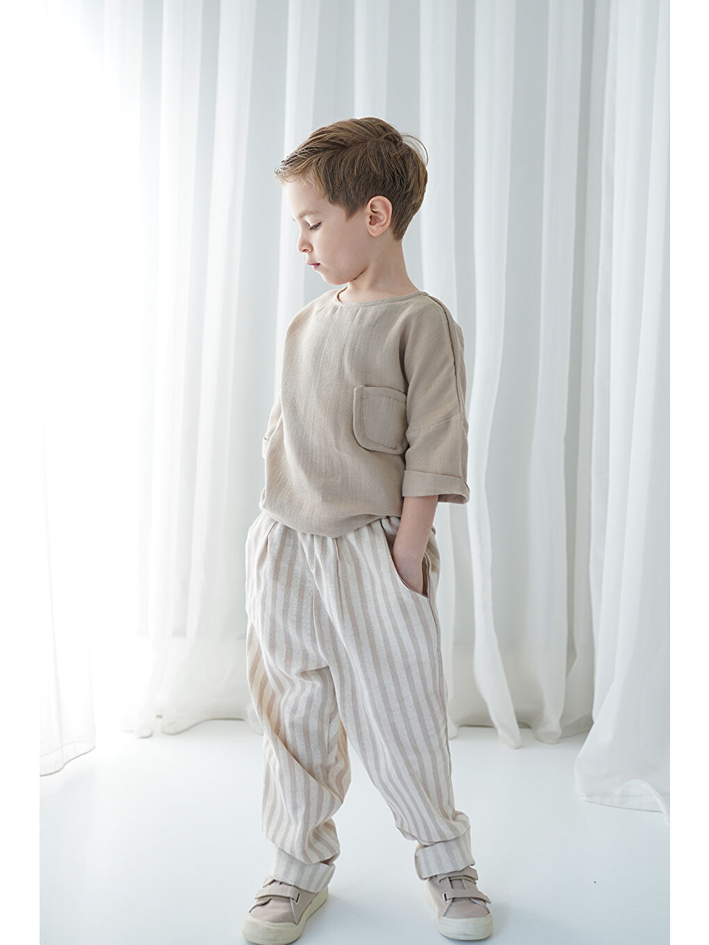 Bej Vizon Beyaz Çizgili Keten Carrot Pantolon +  Vizon Müslin Cep Detaylı Gömlek