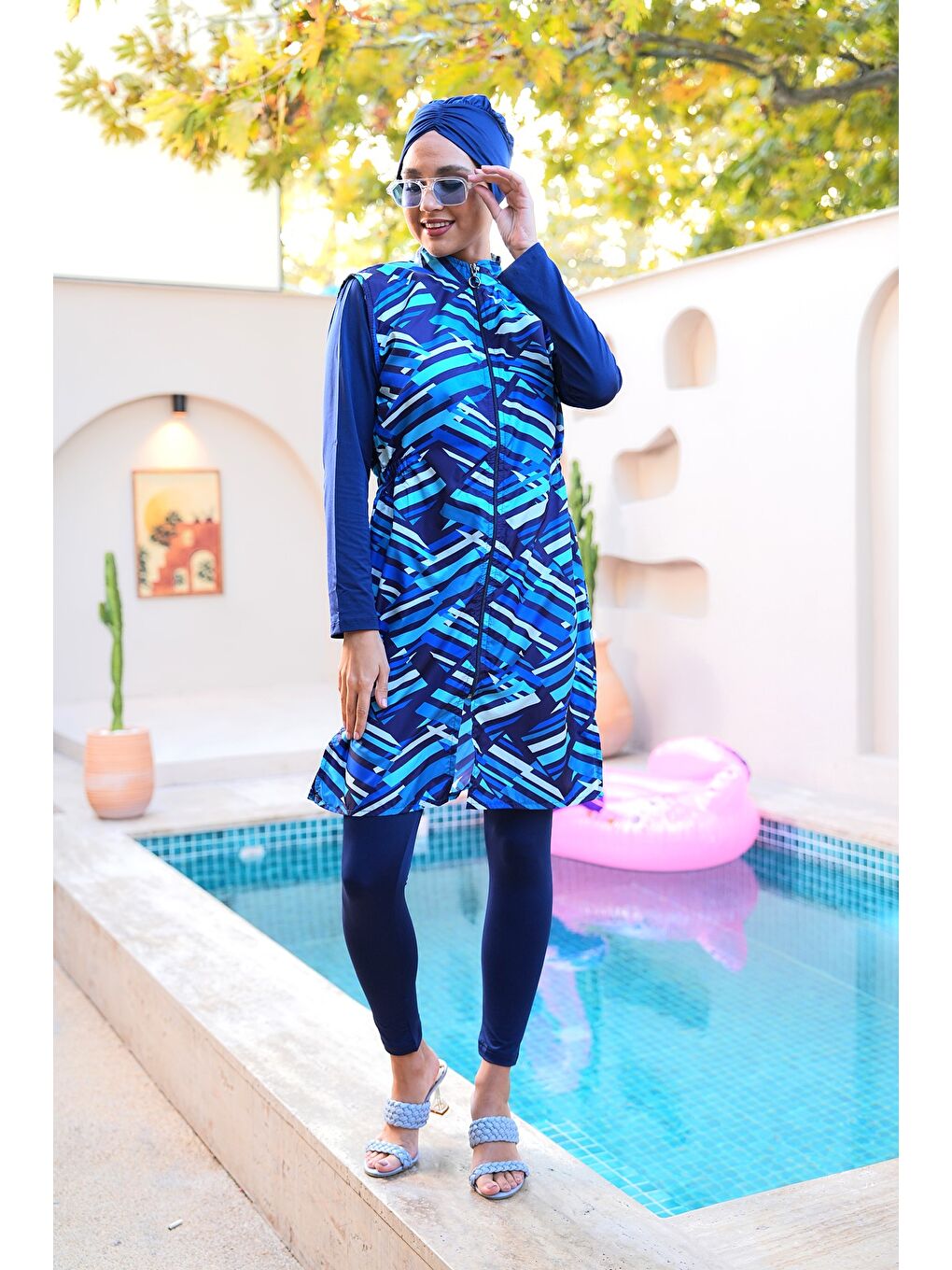 Lacivert Paraşüt Kumaş Fermuarlı Jile Model Taytlı Kapalı Tesettür Mayo 3861-2