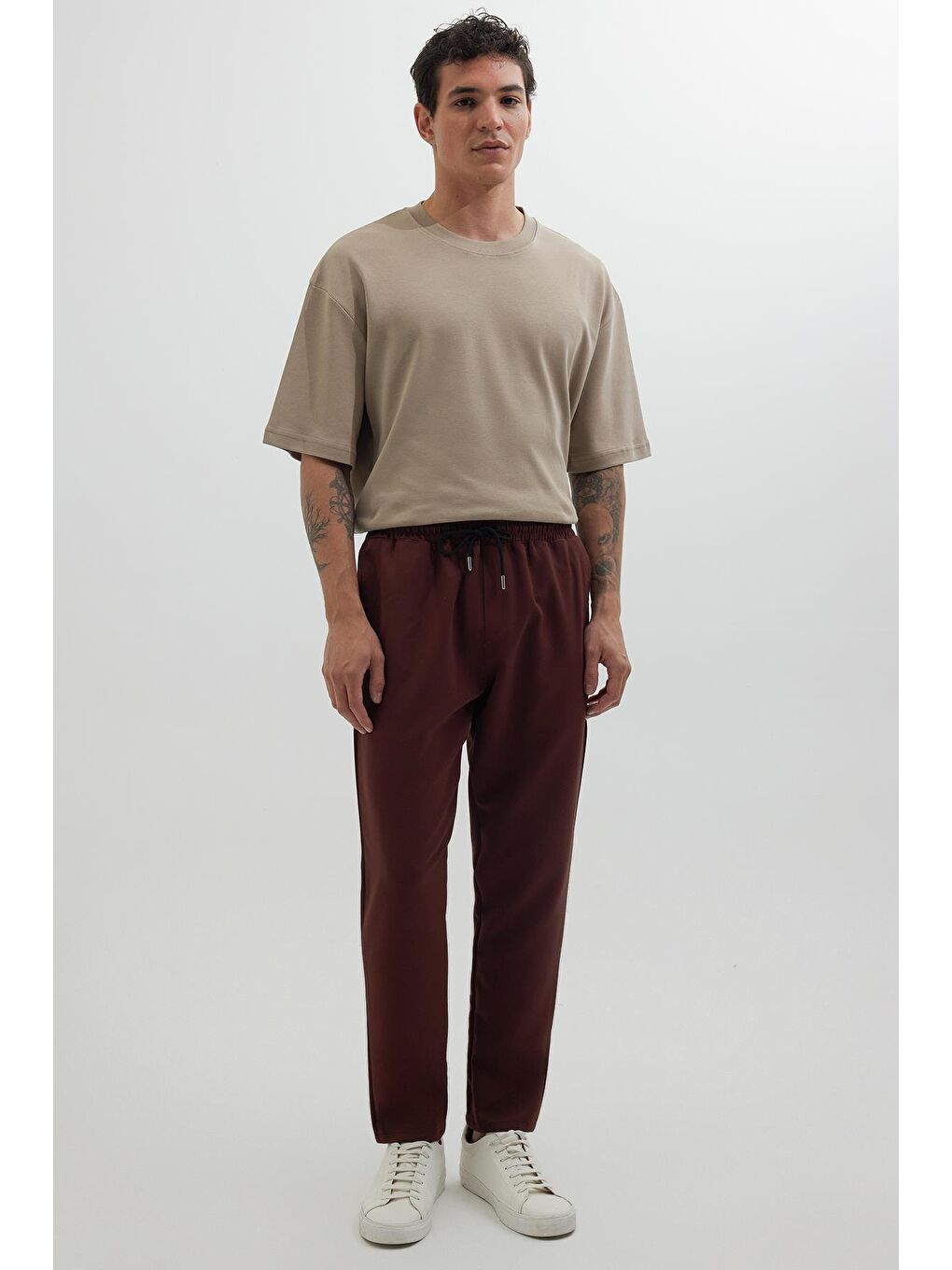 Kahverengi Erkek Regular Fit Beli Lastikli Bağcıklı Jogger Kiremit Pantolon Rahat Kesim Yan Cepli-4