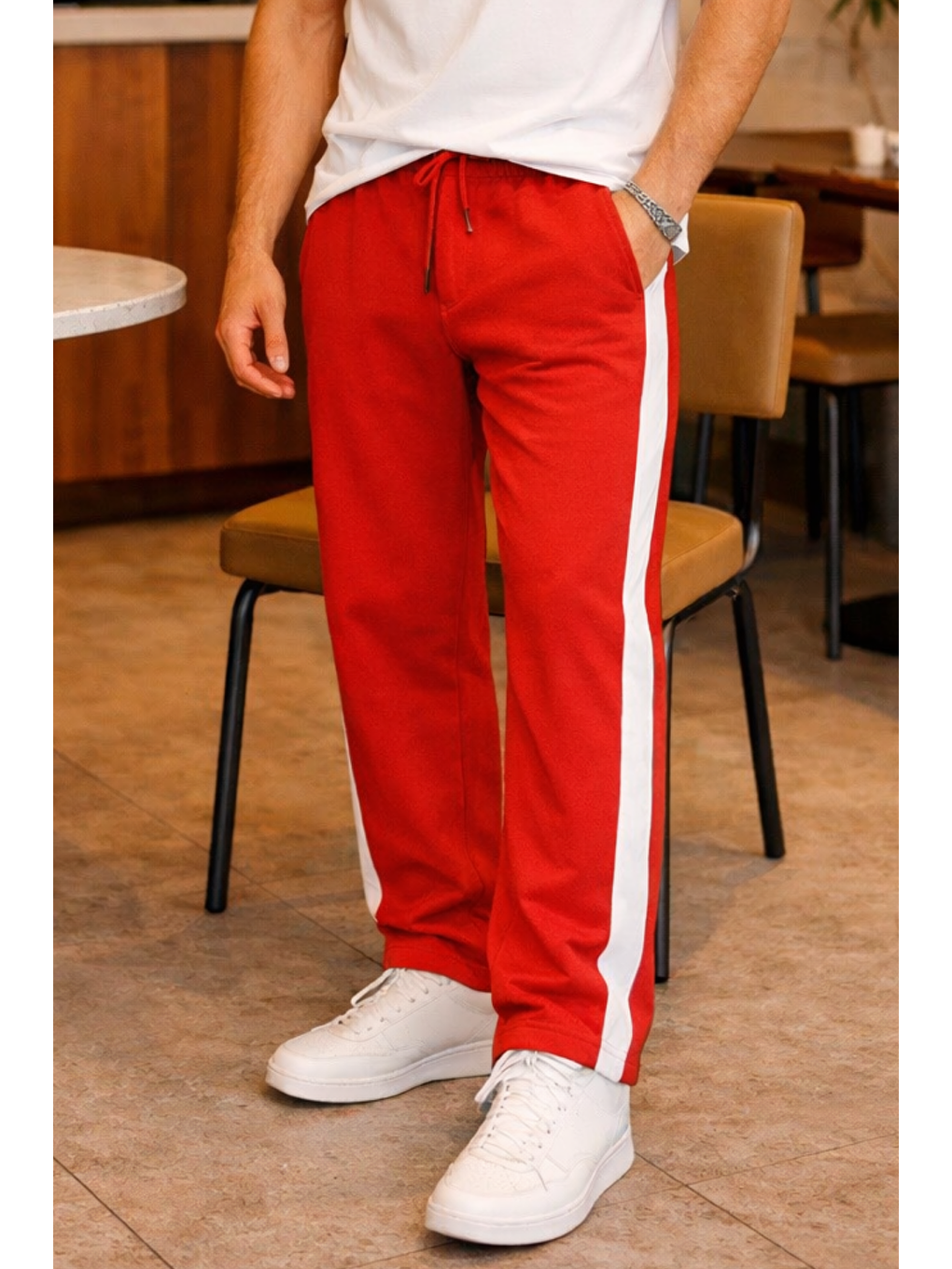 Erkek Kırmızı Şeritli Eşofman Altı Bağcıklı Baggy Rahat Kesim Günlük Spor Pantolon-1