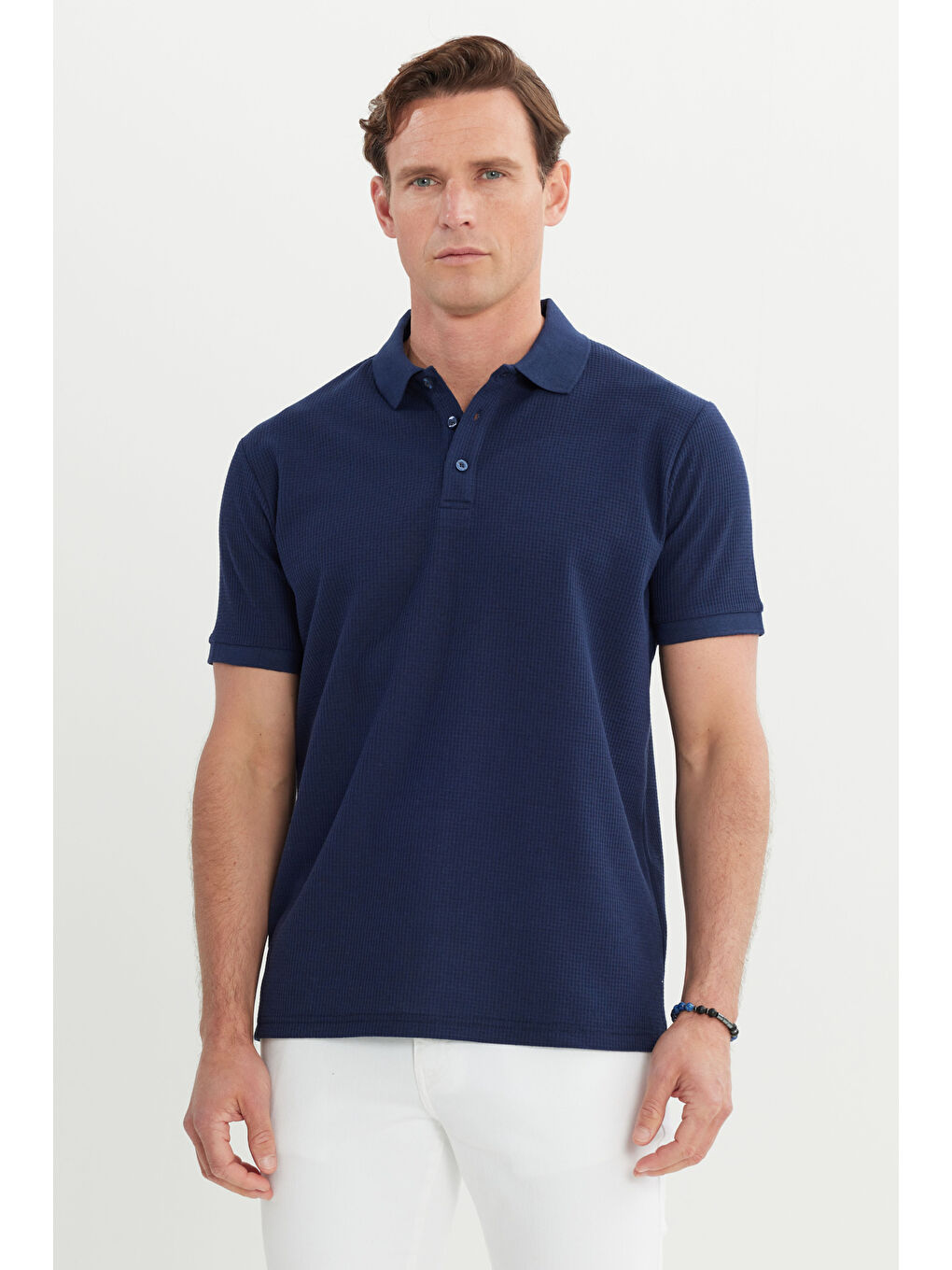 Erkek Lacivert Pamuklu Standart Fit Normal Kesim Desenli Polo Yaka Tişört-2