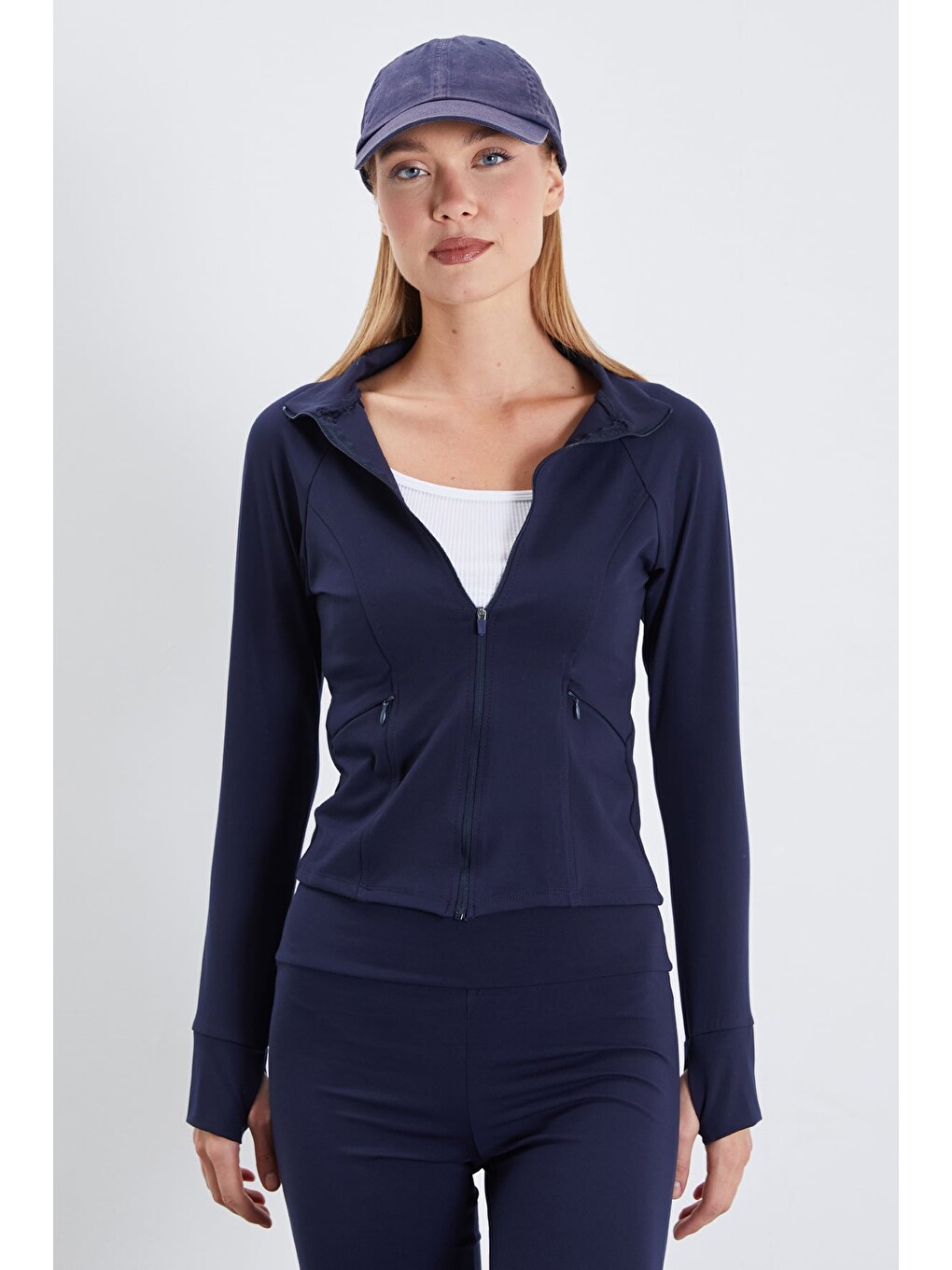 Lacivert Parmak Geçirmeli Dalgıç Kumaş Slim Fit Ceket-3
