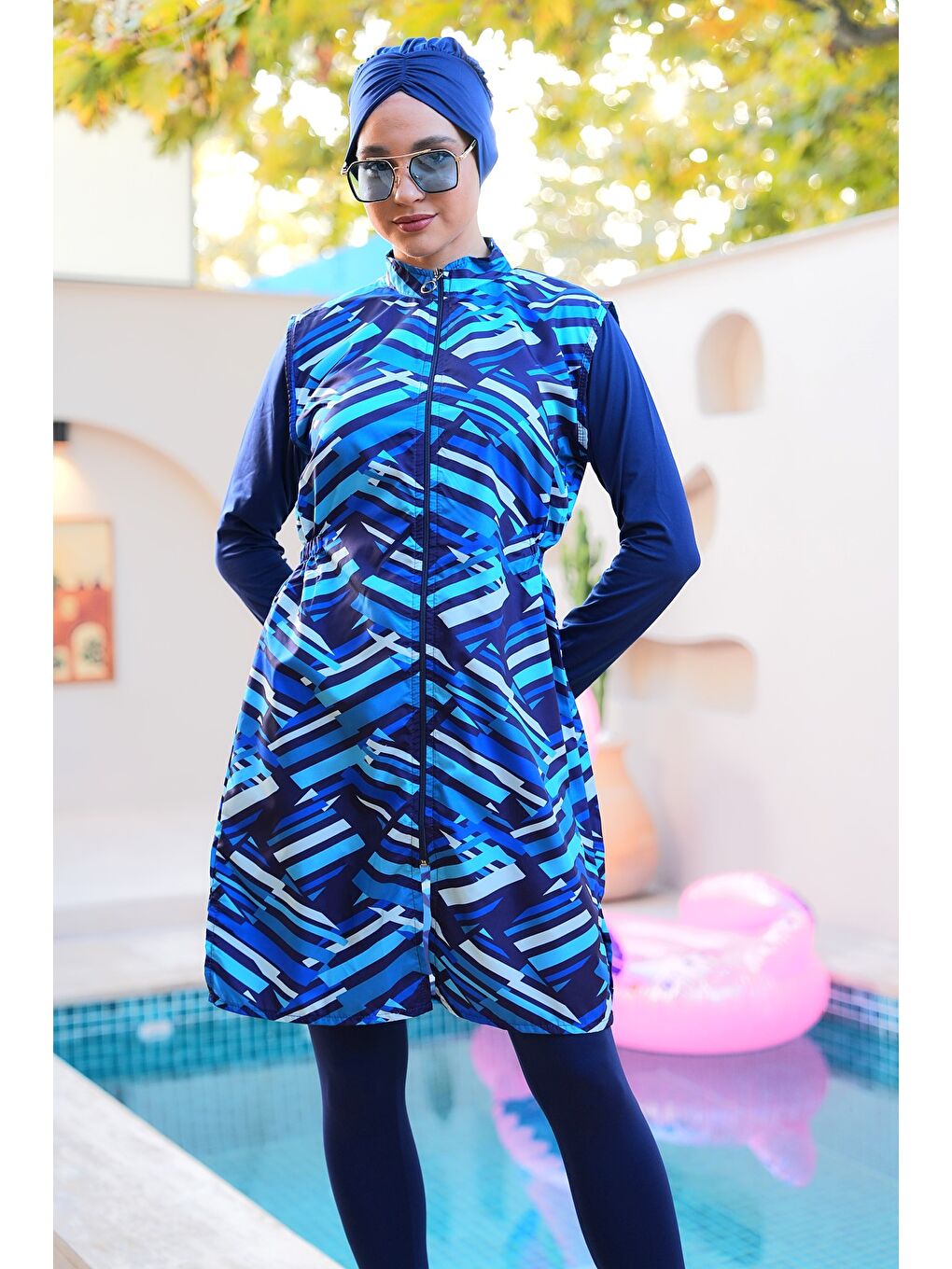 Lacivert Paraşüt Kumaş Fermuarlı Jile Model Taytlı Kapalı Tesettür Mayo 3861-3