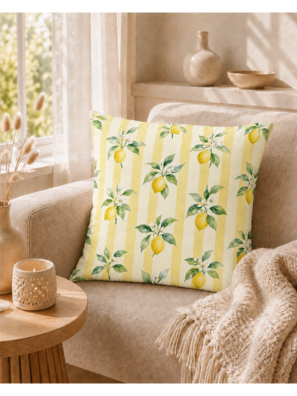 Sarı Limon Çiçeği Desenli Dekoratif Kırlent Kılıfı 43x43 Cm-1
