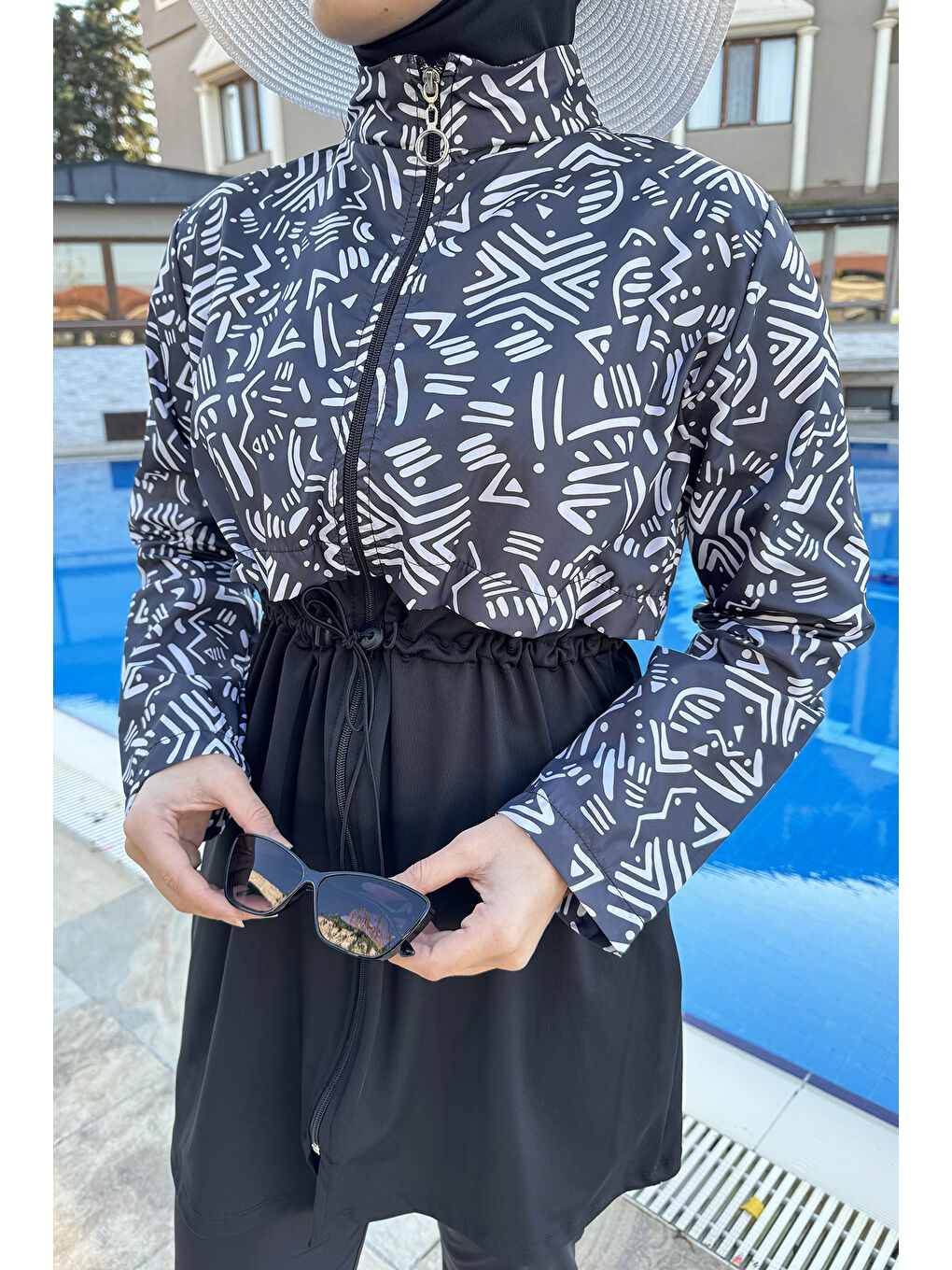 Fermuarlı Dokuma Tam Kapalı Tesettür Mayo T244-13 Siyah01-4