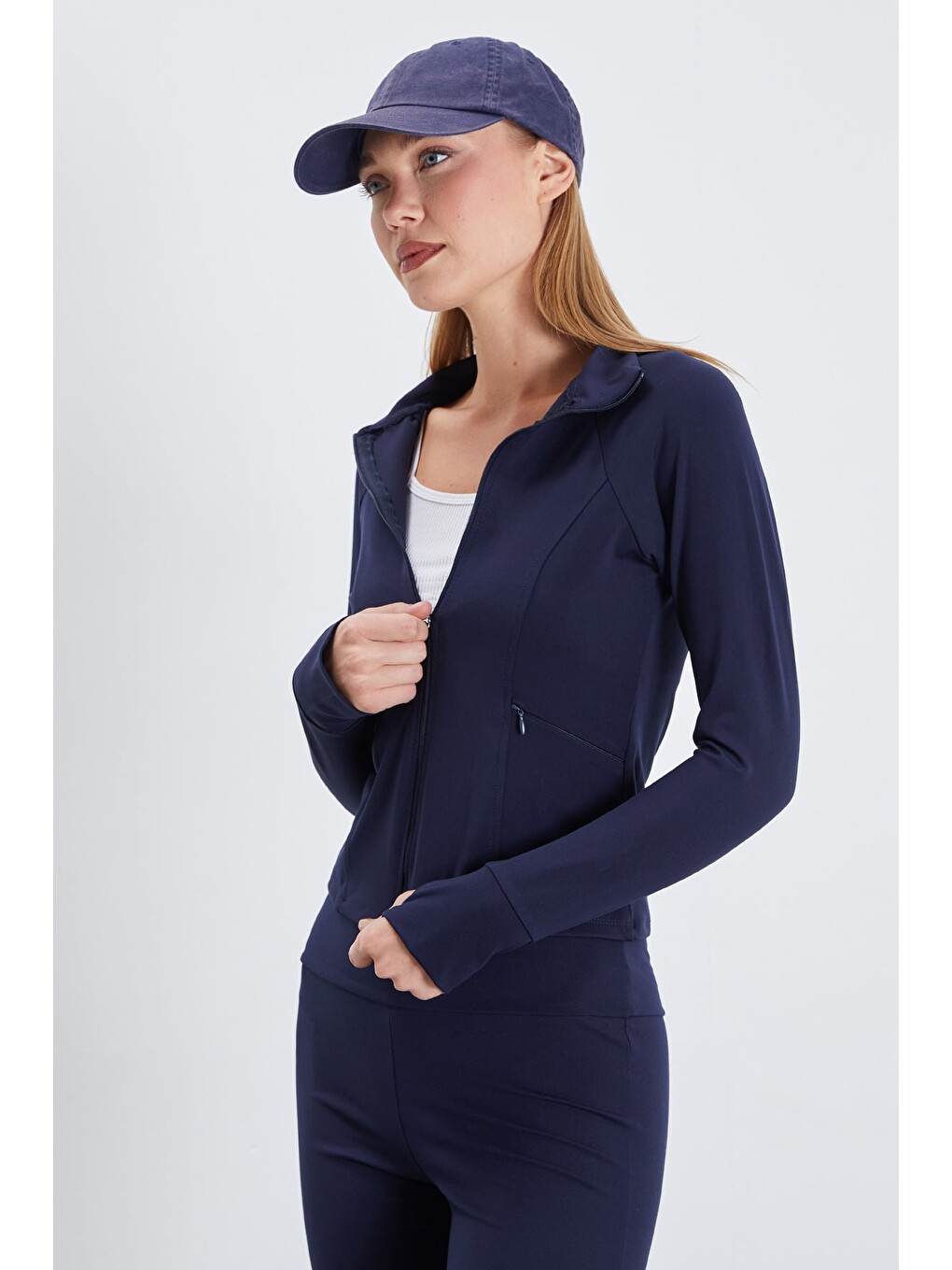Lacivert Parmak Geçirmeli Dalgıç Kumaş Slim Fit Ceket-4