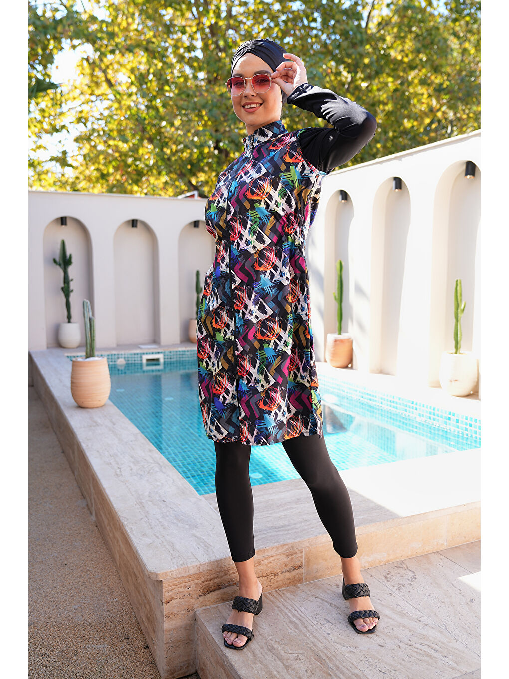 Siyah Paraşüt Kumaş Fermuarlı Jile Model Taytlı Kapalı Tesettür Mayo 3860-1