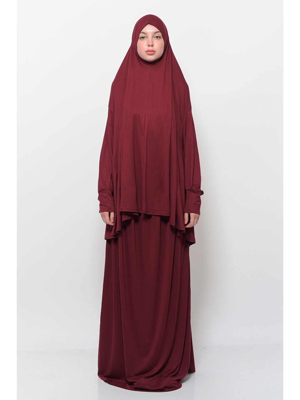 Bordo İki Parça Pamuklu Yarasa Kollu Başörtülü Organik Terletmez  Elbise