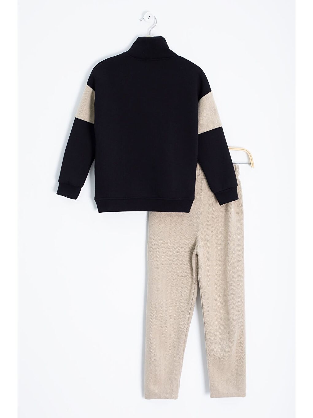 Ekru Krem Kadife Pantolonlu Fermuarlı Yaka Şardonlu Erkek Çocuk Takım 23242-4