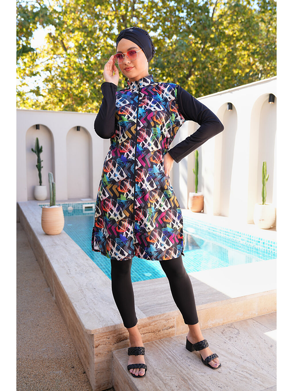 Siyah Paraşüt Kumaş Fermuarlı Jile Model Taytlı Kapalı Tesettür Mayo 3860-2