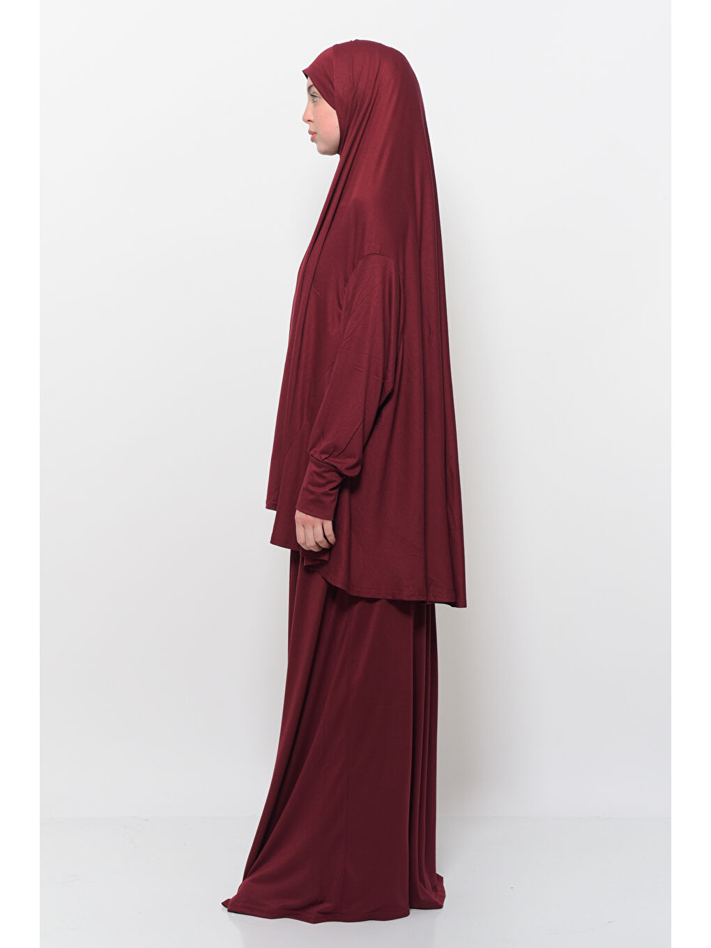 Bordo İki Parça Pamuklu Yarasa Kollu Başörtülü Organik Terletmez  Elbise-4
