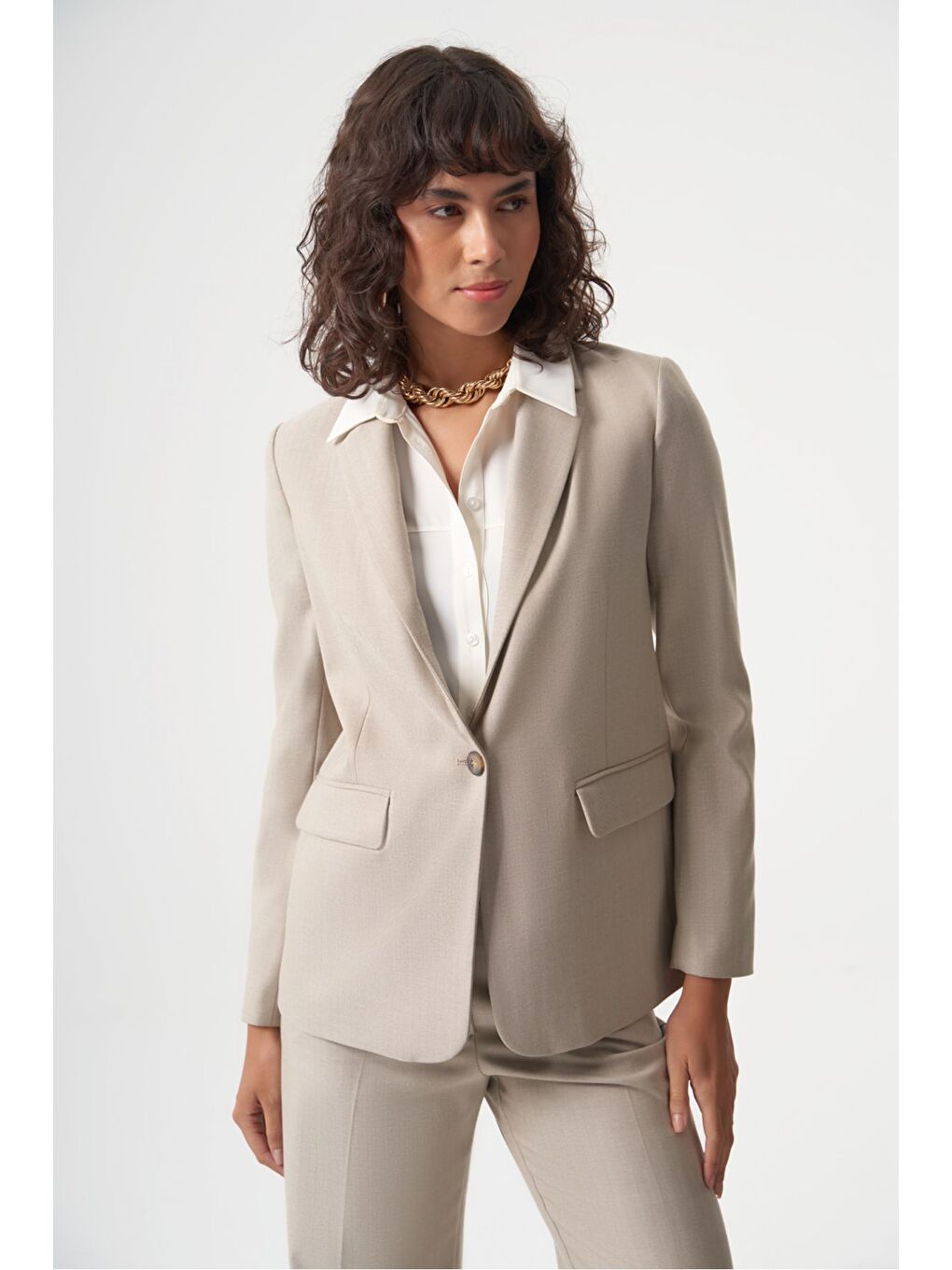 MZL Bej Balıksırtı Dokuma Tek Düğme Blazer Ceket