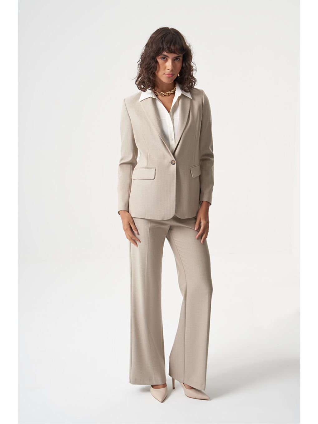 MZL Bej Balıksırtı Dokuma Tek Düğme Blazer Ceket-1