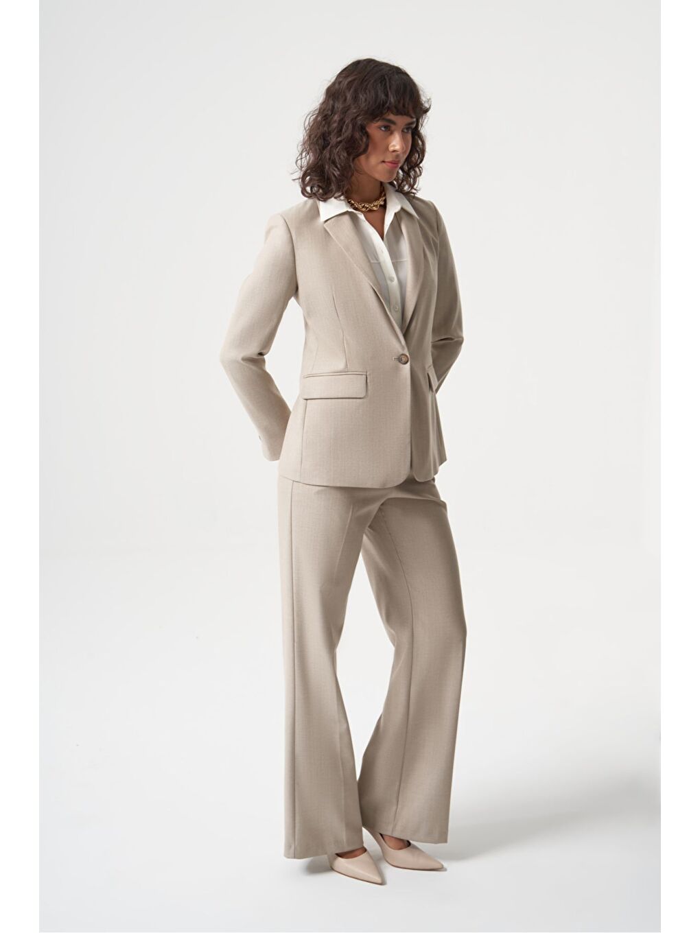 MZL Bej Balıksırtı Dokuma Tek Düğme Blazer Ceket-2