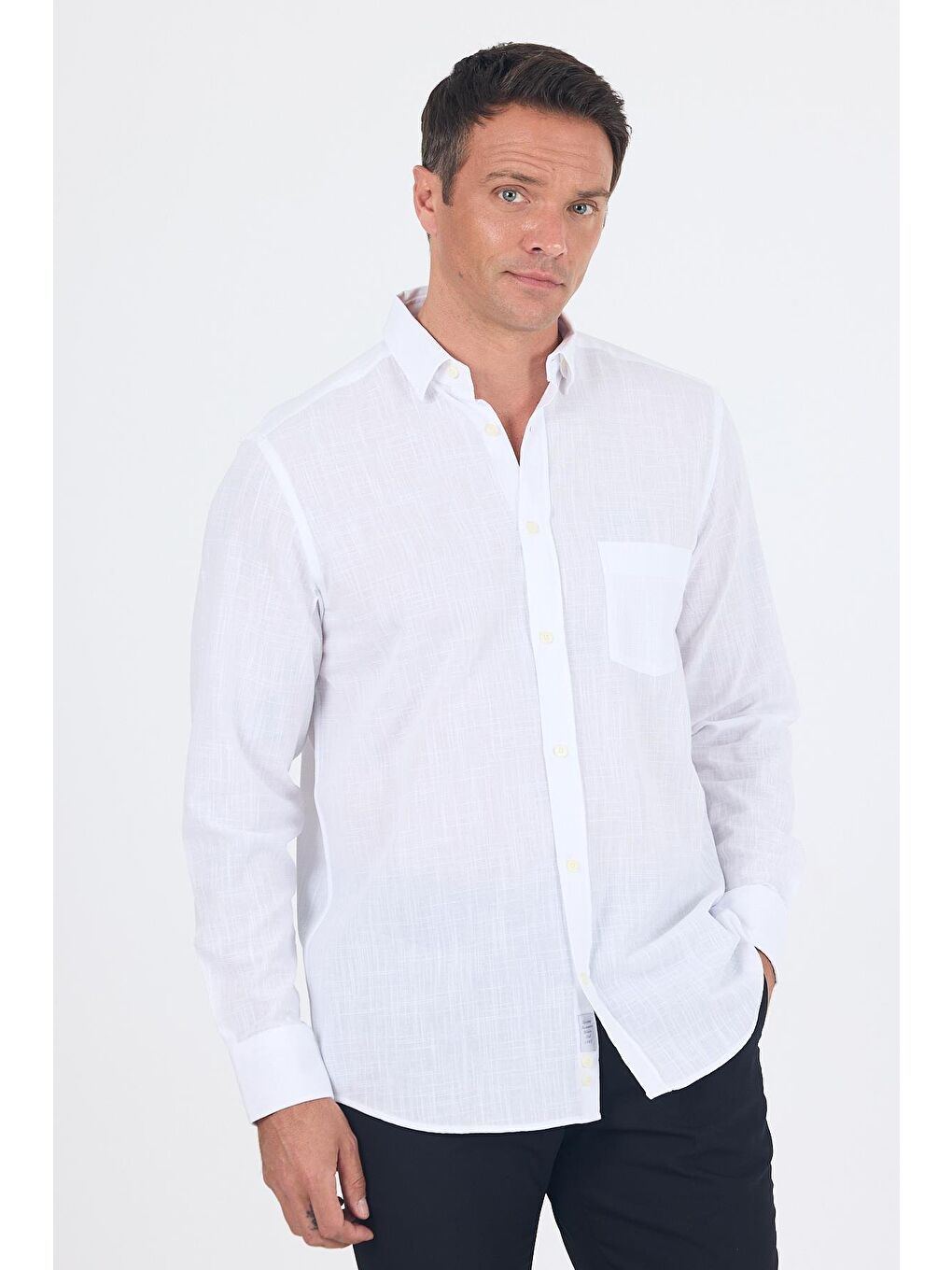 Beyaz Uzun Kol Düz Armür Oval Yaka Casual Comfort Fit %100 Pamuk Gömlek 1004250249