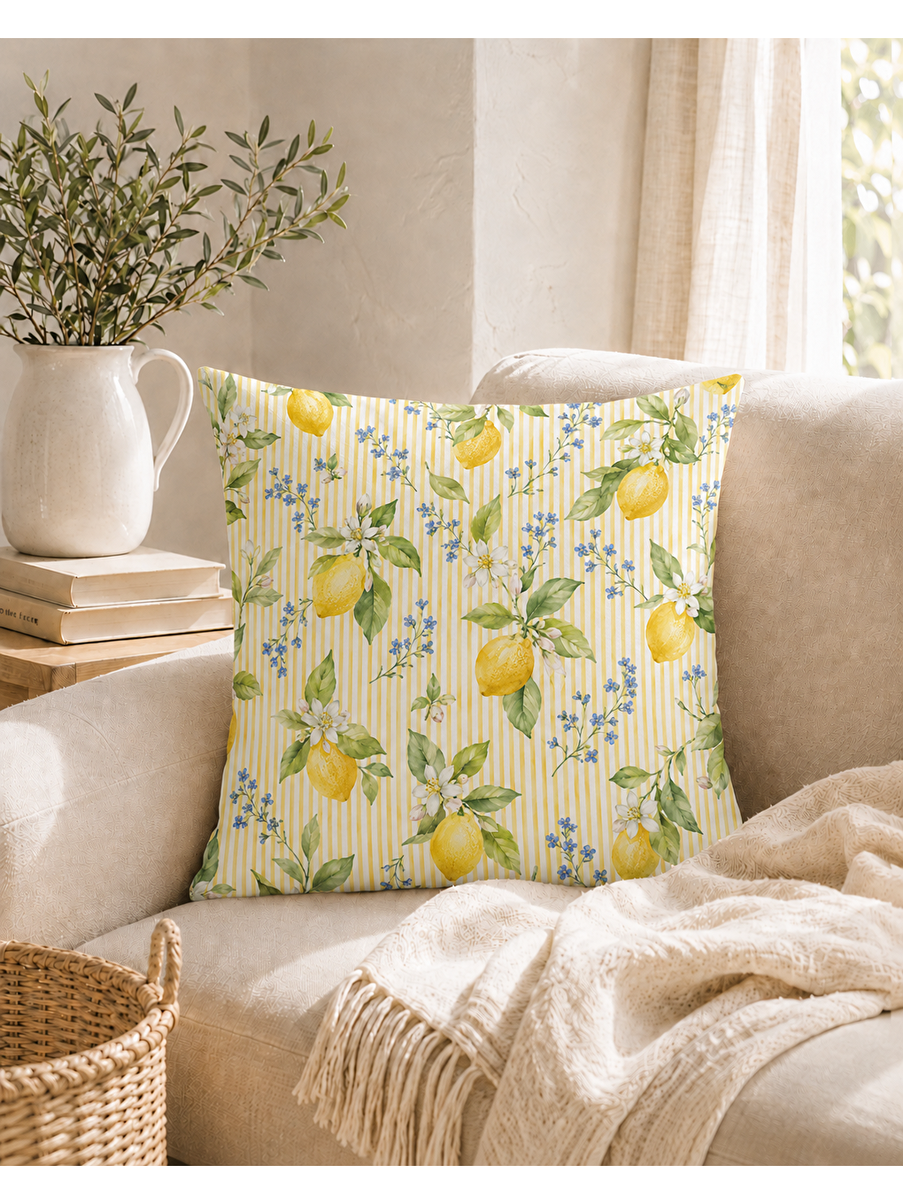 Turuncu Vintage Limon Dalları Desenli Dekoratif Kırlent Kılıfı 43x43 Cm-1