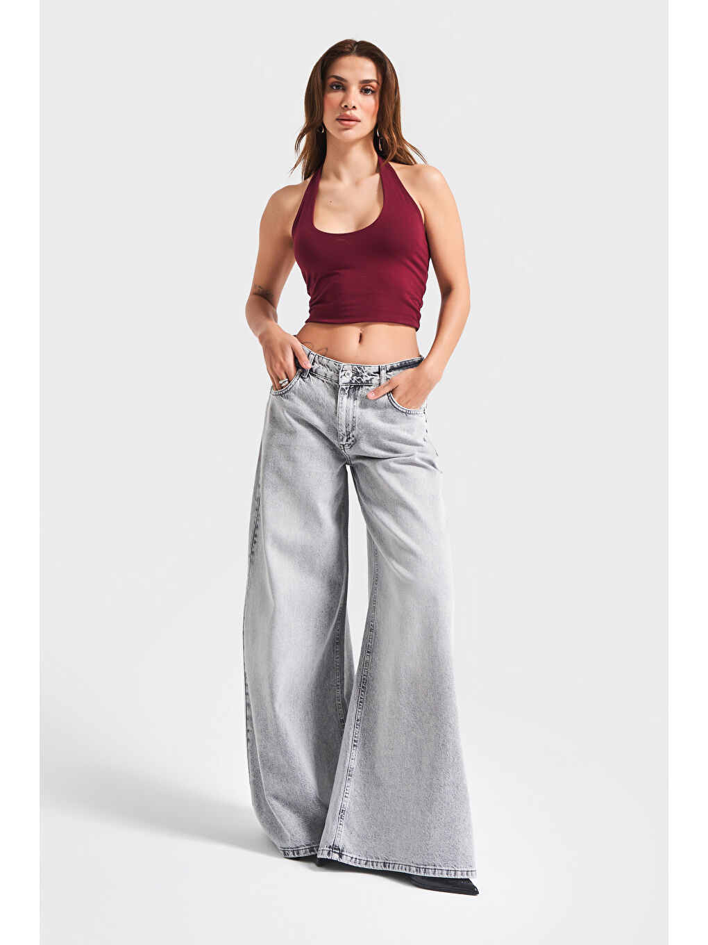Kadın Gri Renk 4S5-12 Süper Palazzo Fit Elaphant Leg %100 Pamuk Denim-5
