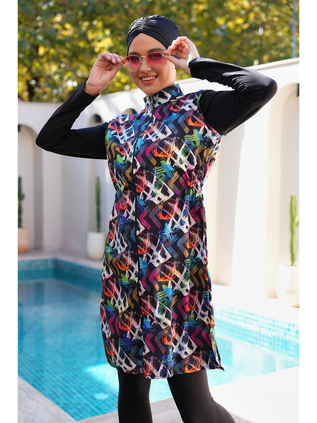 Siyah Paraşüt Kumaş Fermuarlı Jile Model Taytlı Kapalı Tesettür Mayo 3860-3