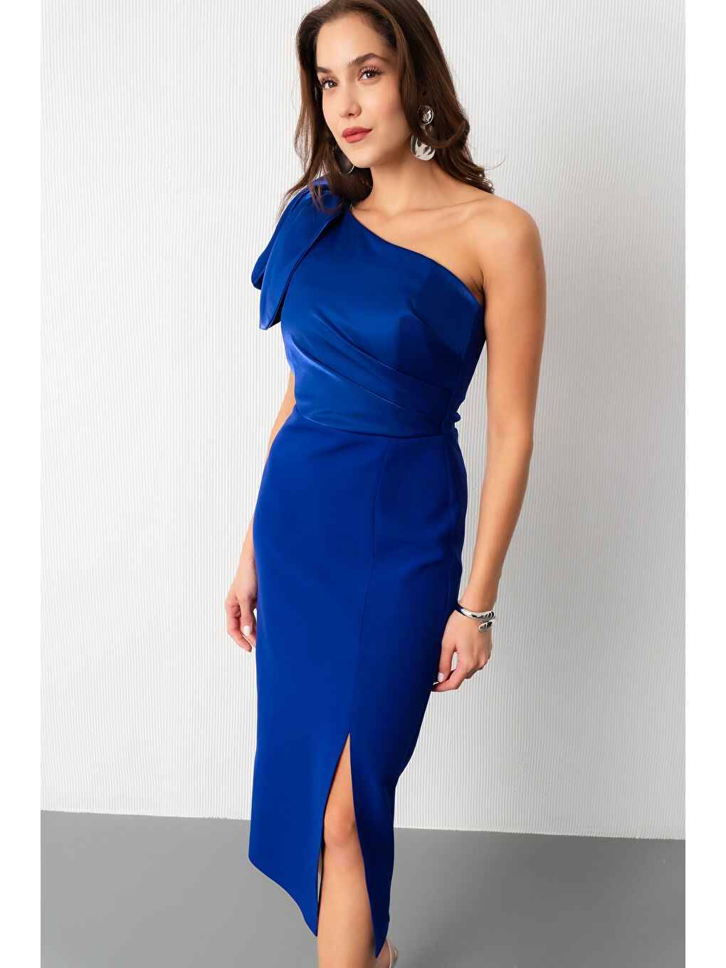 Mavi Kadın Saks Organze Detay Midi Söz Nişan Nikah Abiye Elbise-1