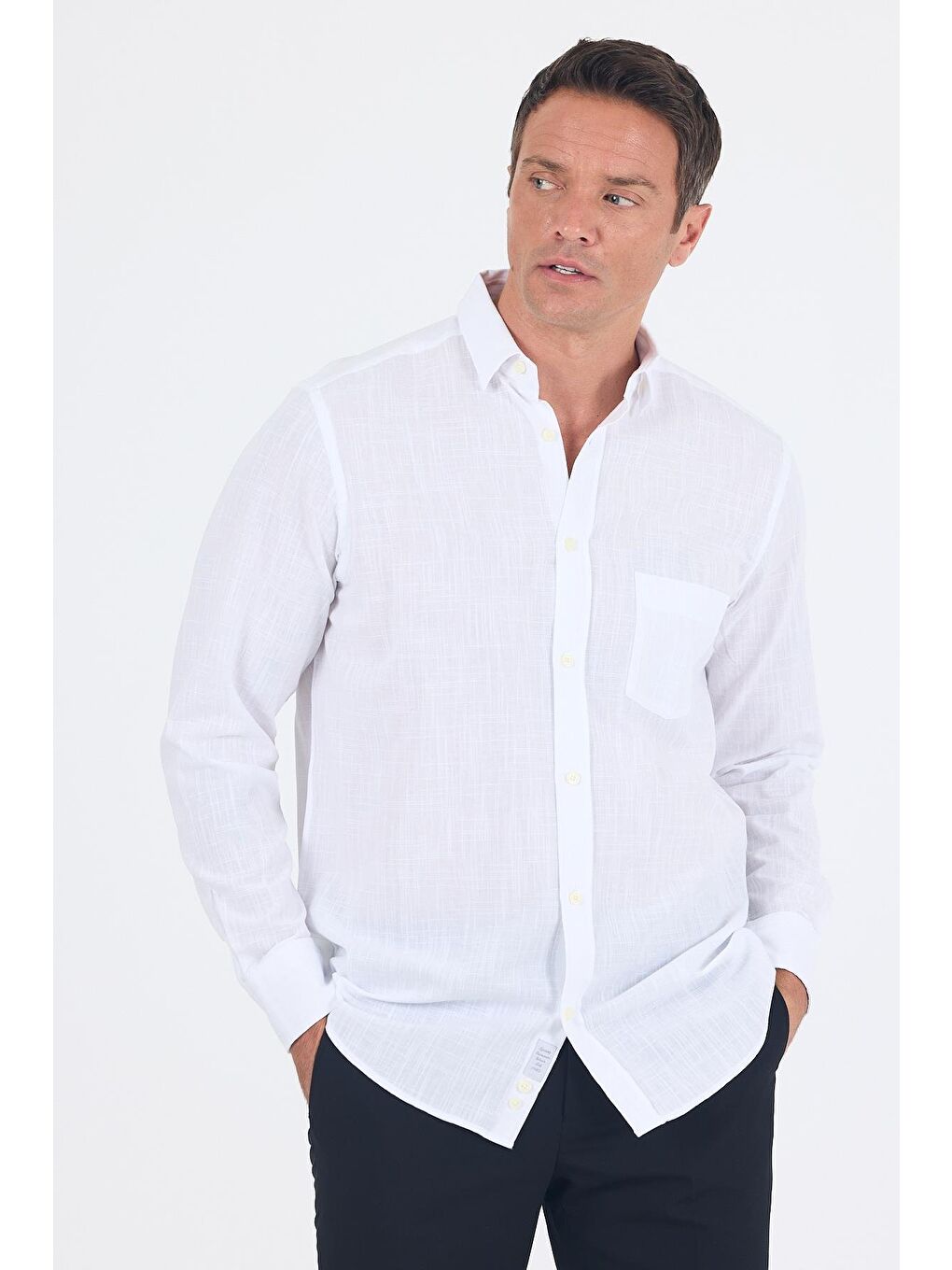 Beyaz Uzun Kol Düz Armür Oval Yaka Casual Comfort Fit %100 Pamuk Gömlek 1004250249-2