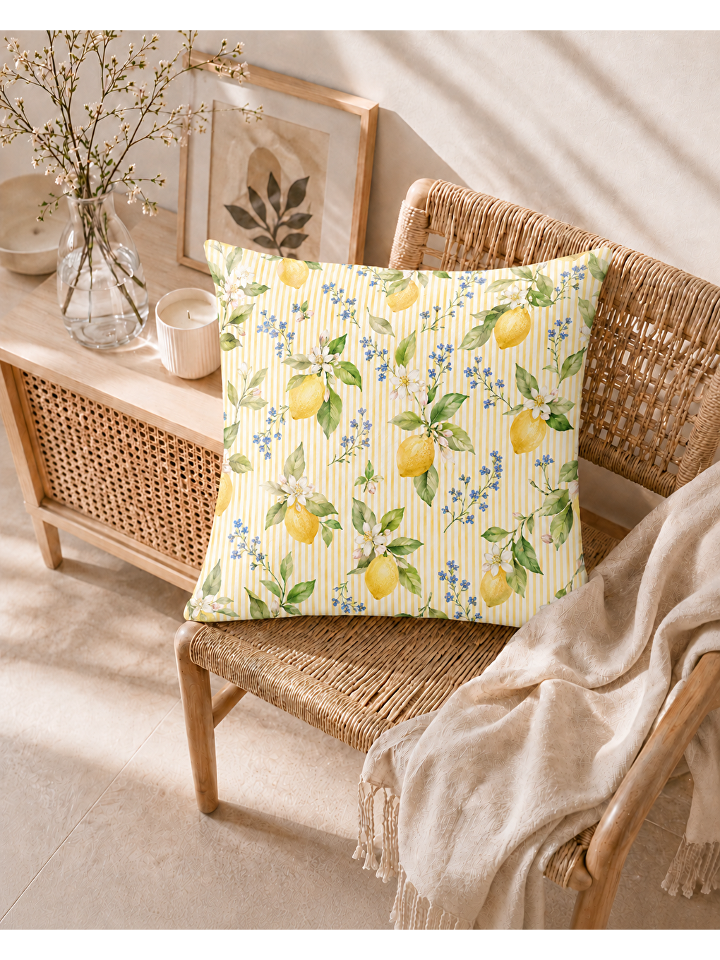 Turuncu Vintage Limon Dalları Desenli Dekoratif Kırlent Kılıfı 43x43 Cm-2
