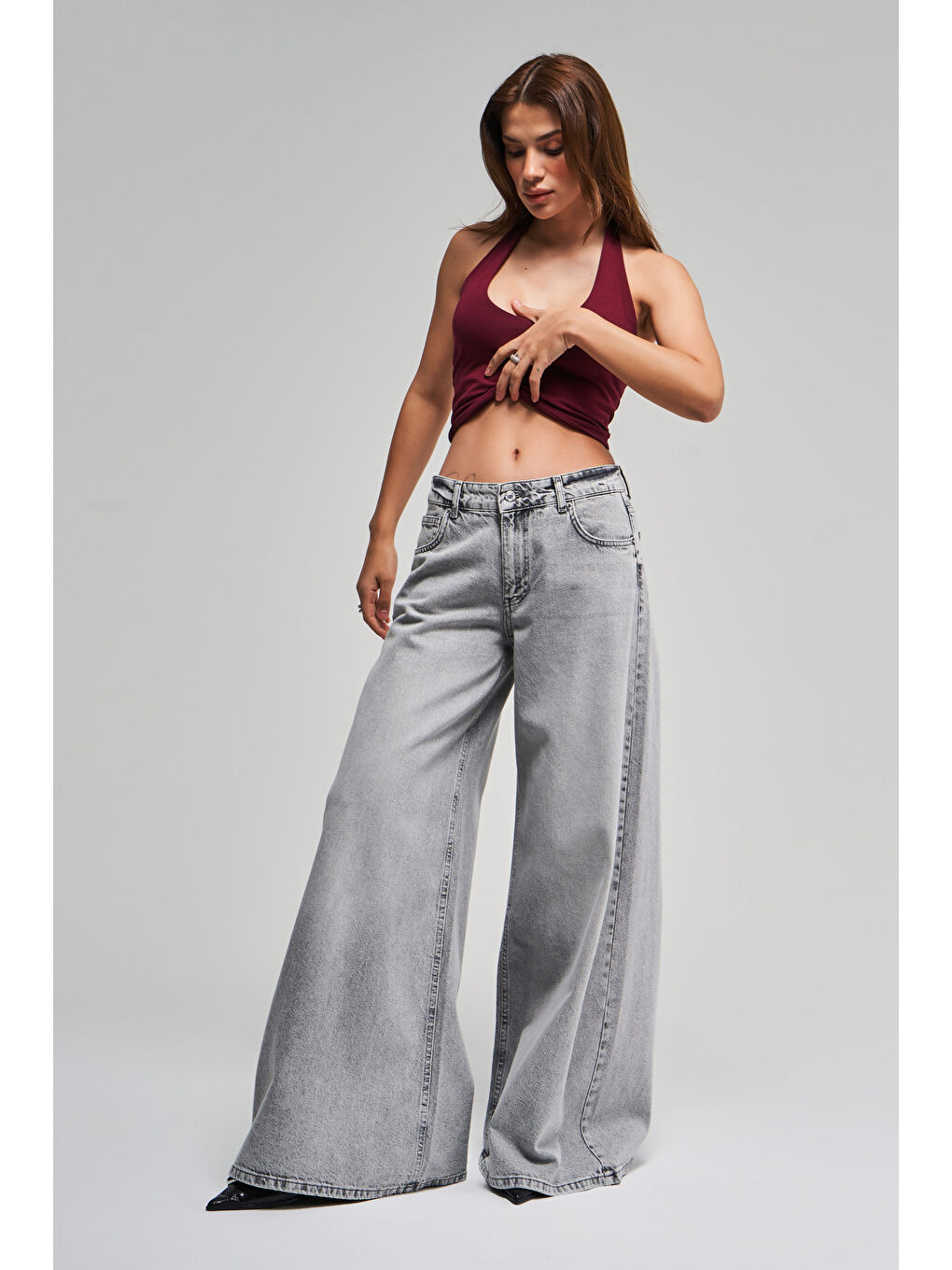 Kadın Gri Renk 4S5-12 Süper Palazzo Fit Elaphant Leg %100 Pamuk Denim-1