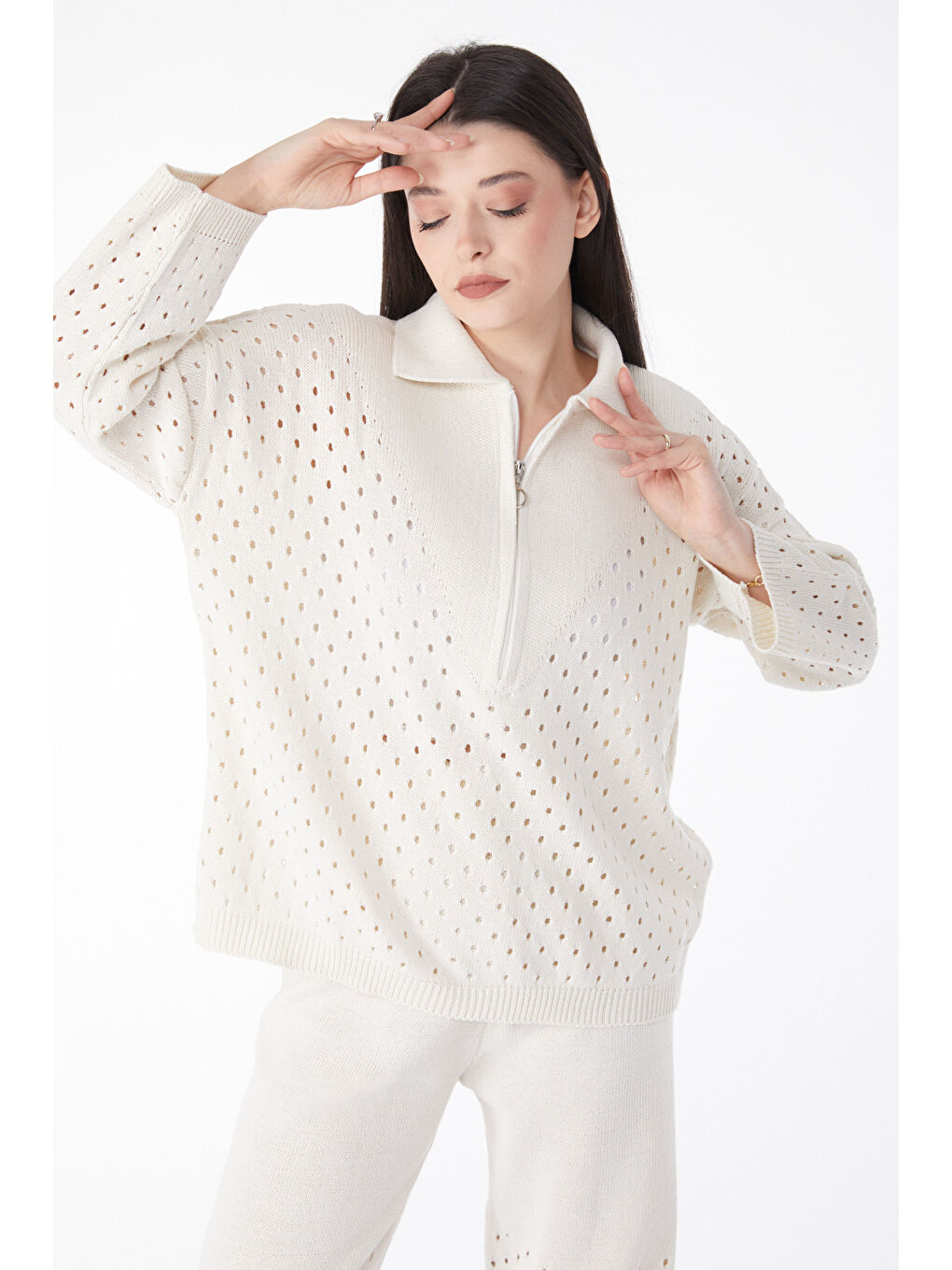 Ekru Fermurlı Delik Detaylı Triko Takım Krem - 27630-2