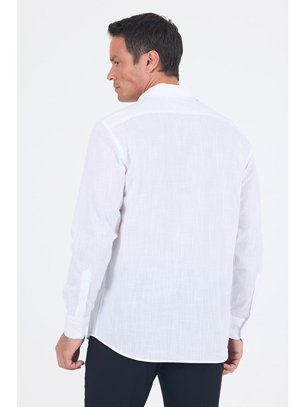 Beyaz Uzun Kol Düz Armür Oval Yaka Casual Comfort Fit %100 Pamuk Gömlek 1004250249-4