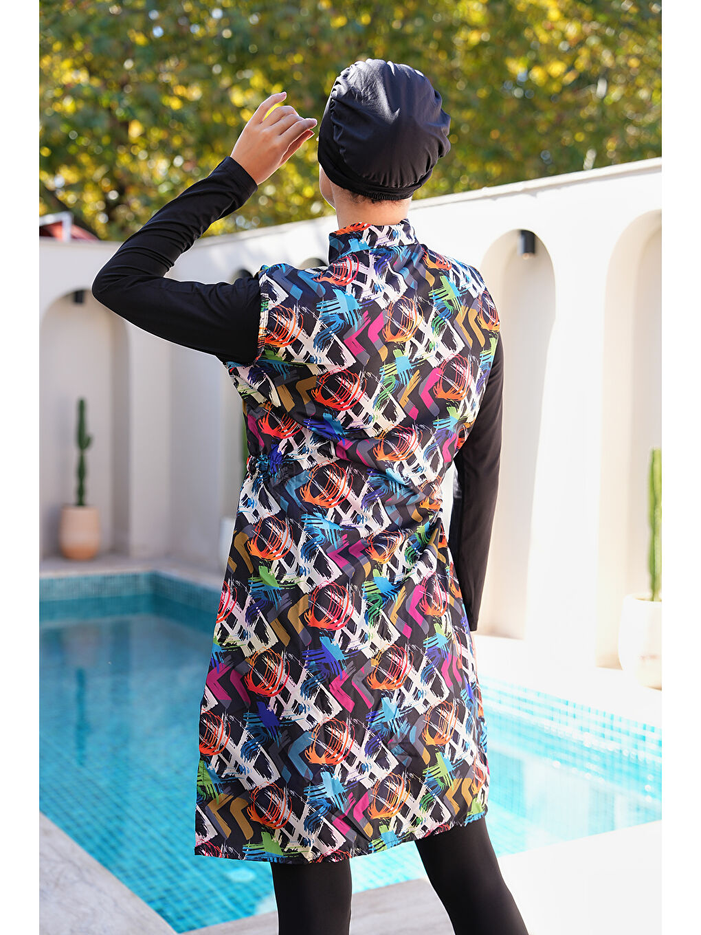 Siyah Paraşüt Kumaş Fermuarlı Jile Model Taytlı Kapalı Tesettür Mayo 3860-4