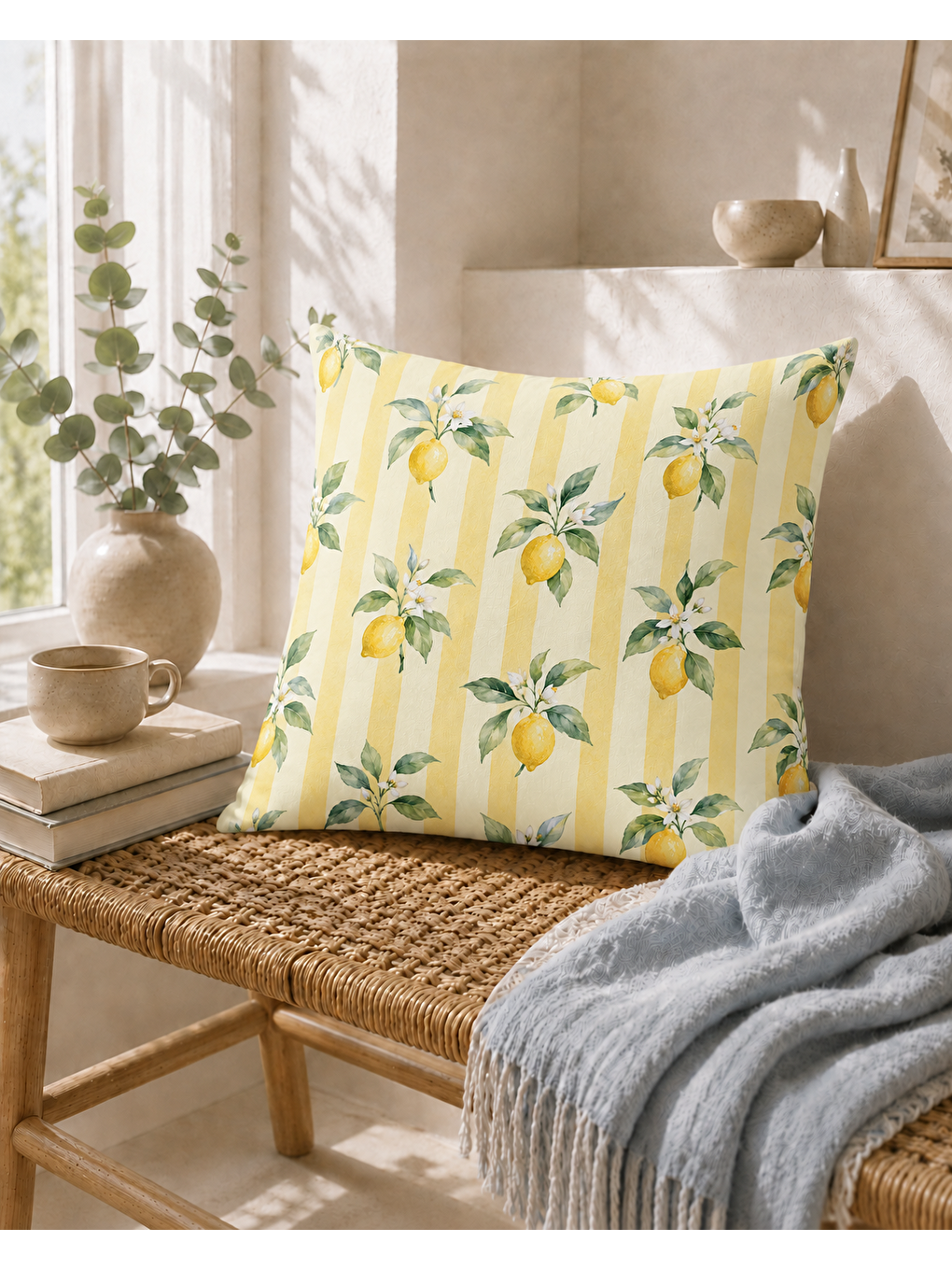 Sarı Limon Çiçeği Desenli Dekoratif Kırlent Kılıfı 43x43 Cm-4