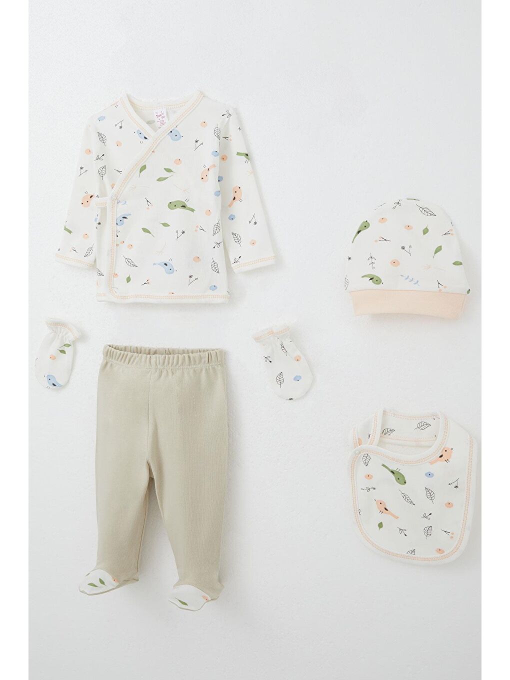 Kız Bebek Hastane Çıkışı 5 Li Bahar Temalı Sevimli Minik Serçe Desenli Beyaz (0-3 Ay)-1