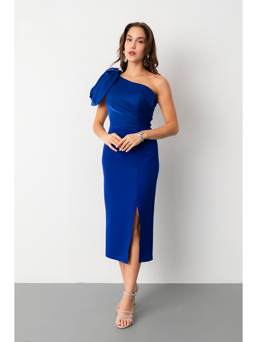 Mavi Kadın Saks Organze Detay Midi Söz Nişan Nikah Abiye Elbise-2