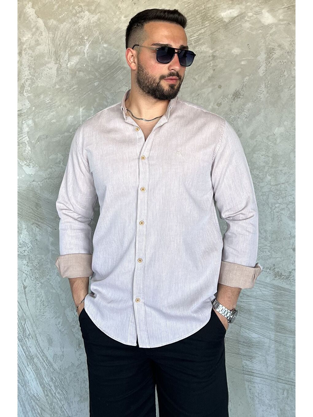 Bej Erkek Cepsiz Uzun Kol Gömlek