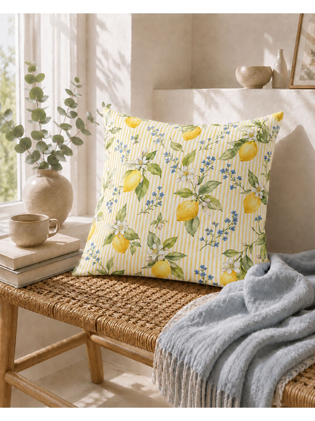 Turuncu Vintage Limon Dalları Desenli Dekoratif Kırlent Kılıfı 43x43 Cm-3