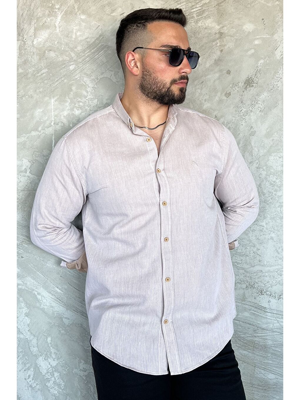 Bej Erkek Cepsiz Uzun Kol Gömlek-1