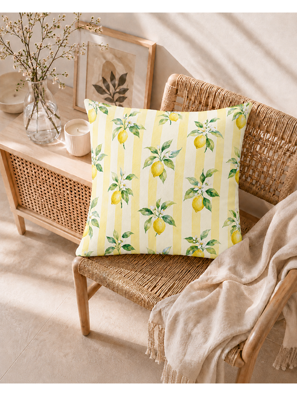 Sarı Limon Çiçeği Desenli Dekoratif Kırlent Kılıfı 43x43 Cm-5