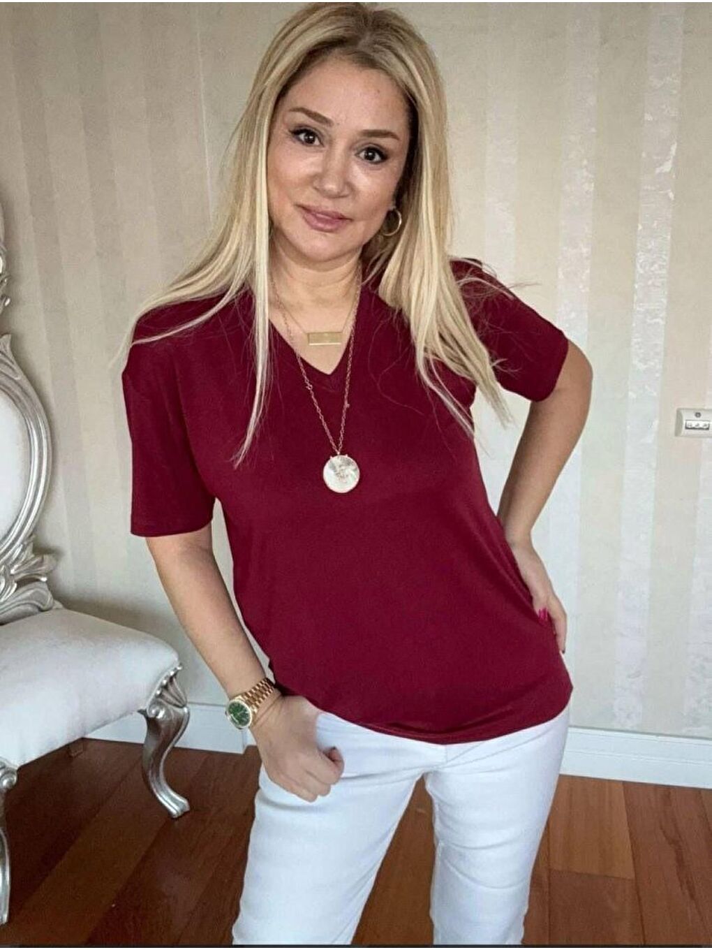 Bordo Kadın Kısa Kollu V Yaka Bluz