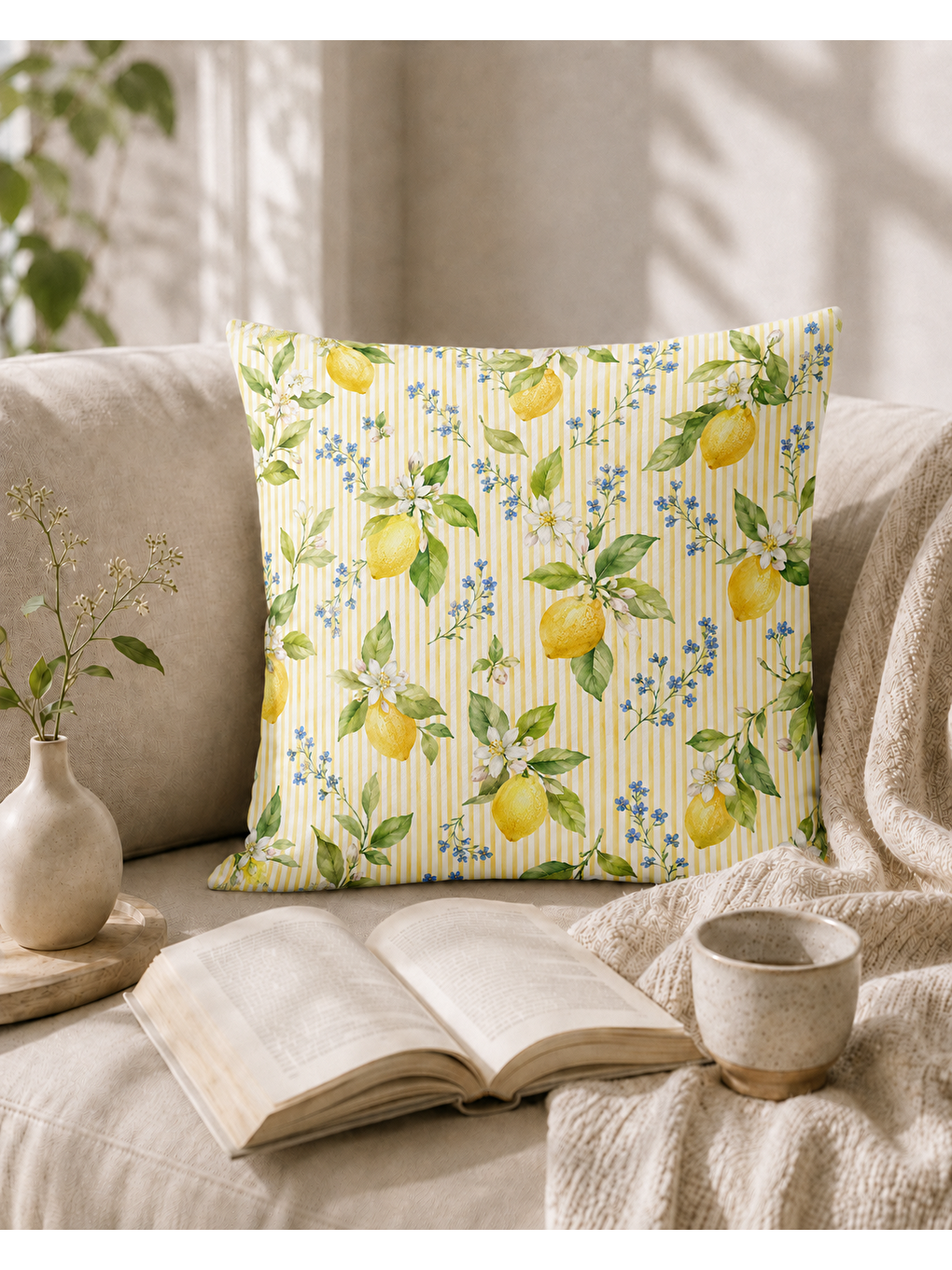 Turuncu Vintage Limon Dalları Desenli Dekoratif Kırlent Kılıfı 43x43 Cm-4