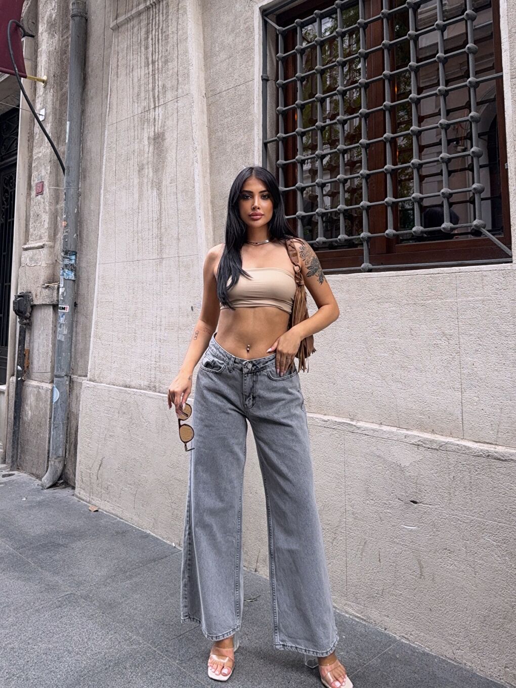 Gri Yüksek Bel Geniş Paça Jean Pantolon-4