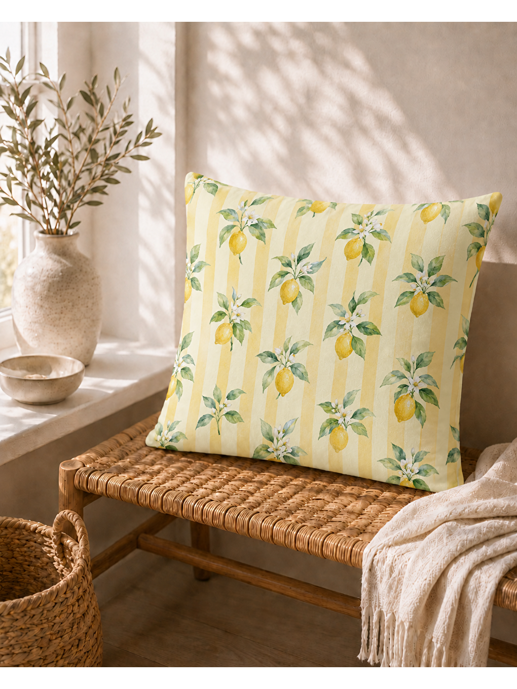 Sarı Limon Çiçeği Desenli Dekoratif Kırlent Kılıfı 43x43 Cm-6