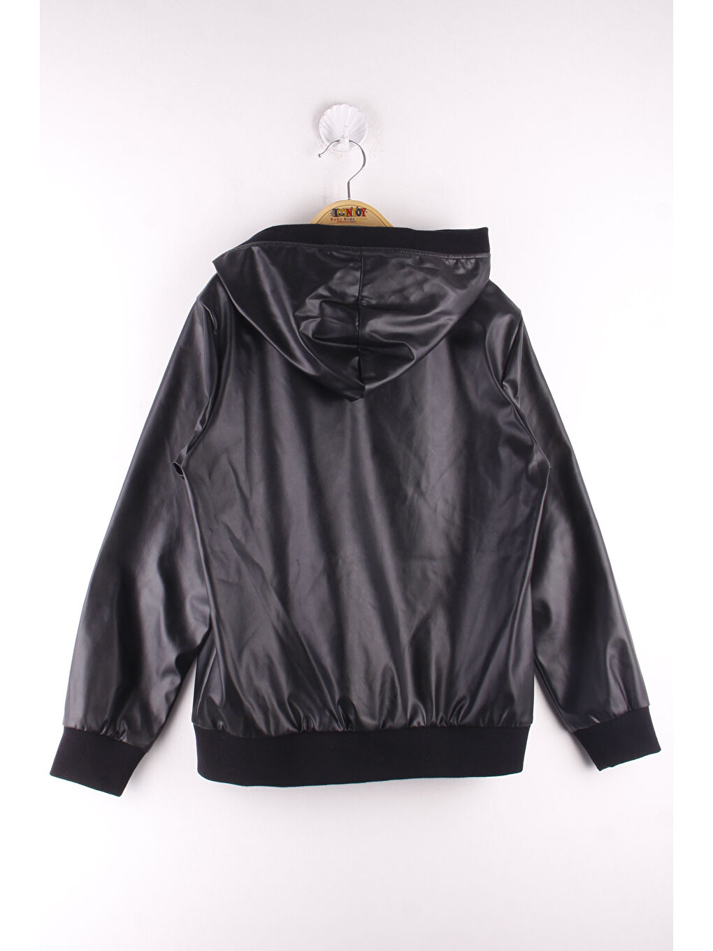 Siyah Kız Çocuk Kapüşonlu Cepli Deri Mont-1