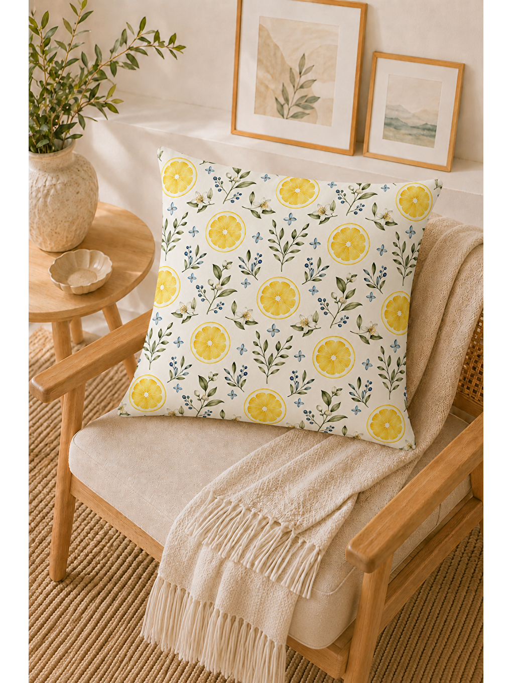 Sarı Limon Bahçesi Desenli Dekoratif Kırlent Kılıfı 43x43 Cm