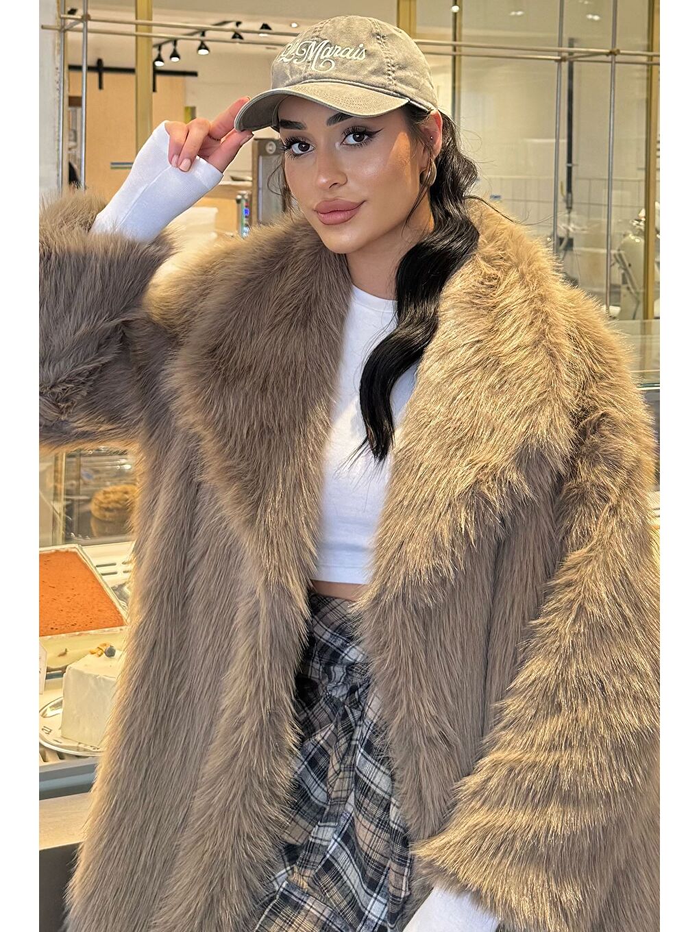 Bej Kadın Astarlı Kürklü Uzun Mont-1