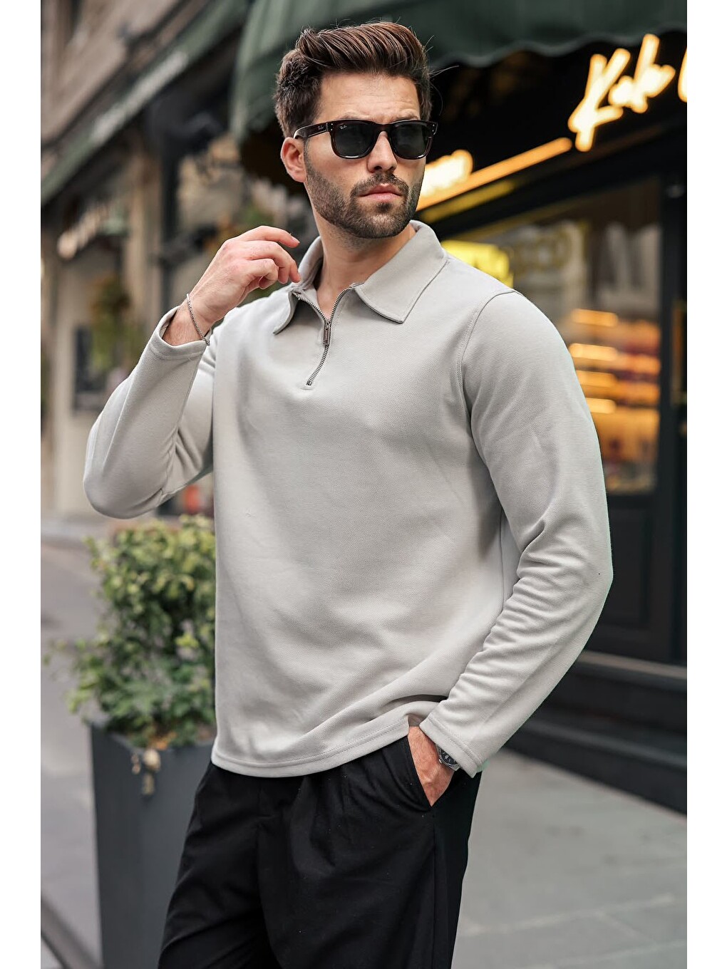 Boyalı Gri Yarım Fermuarlı Polo Yaka Dokulu Erkek Sweatshırt E7197