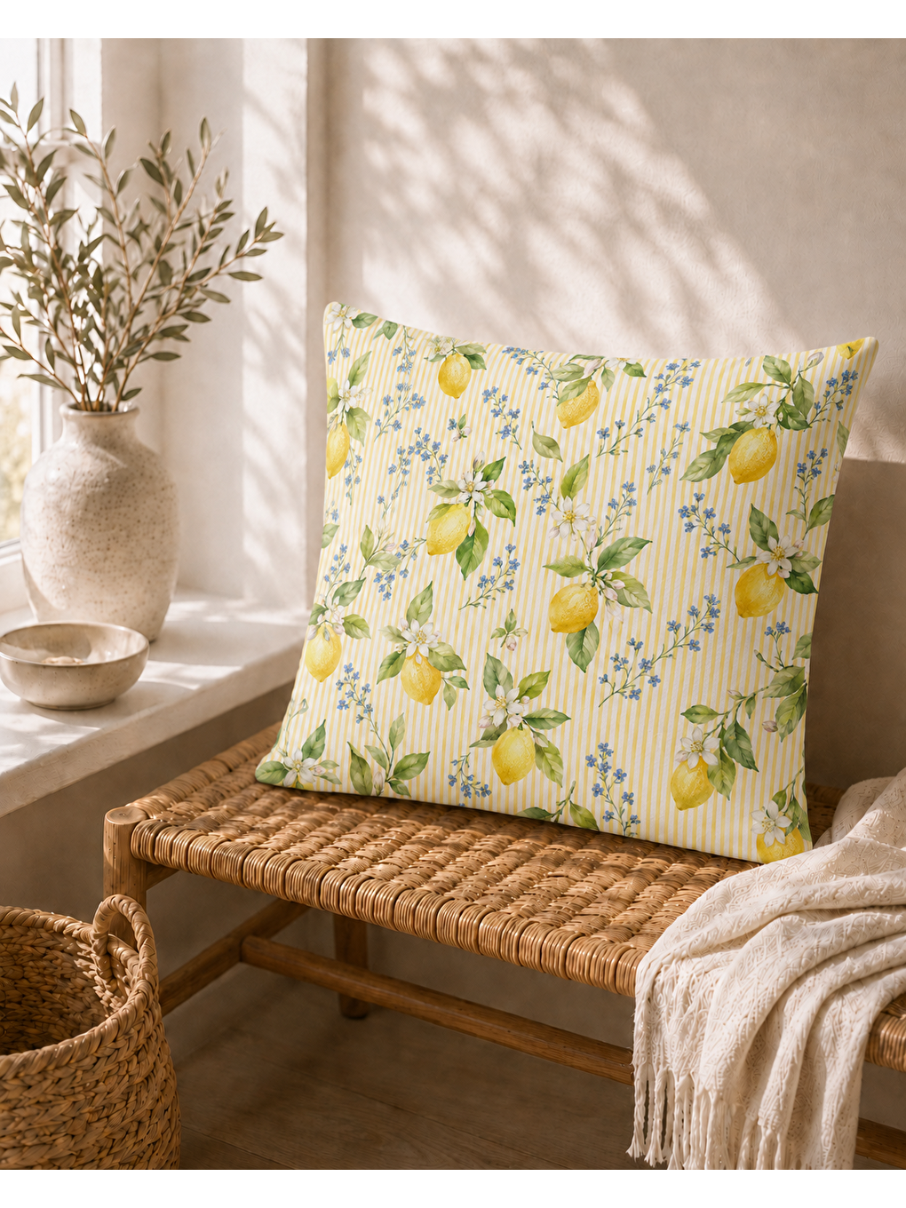 Turuncu Vintage Limon Dalları Desenli Dekoratif Kırlent Kılıfı 43x43 Cm-5