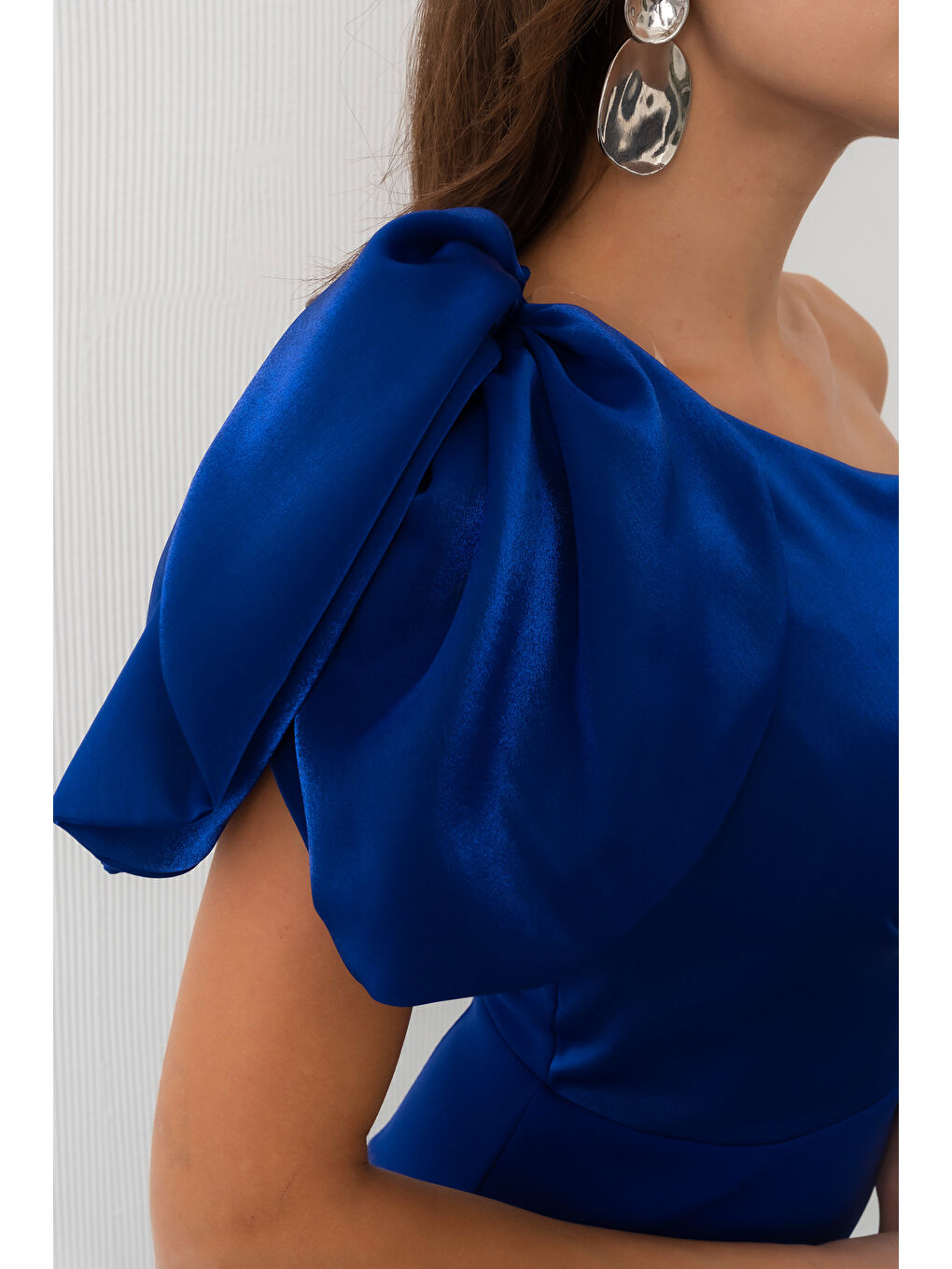 Mavi Kadın Saks Organze Detay Midi Söz Nişan Nikah Abiye Elbise-4