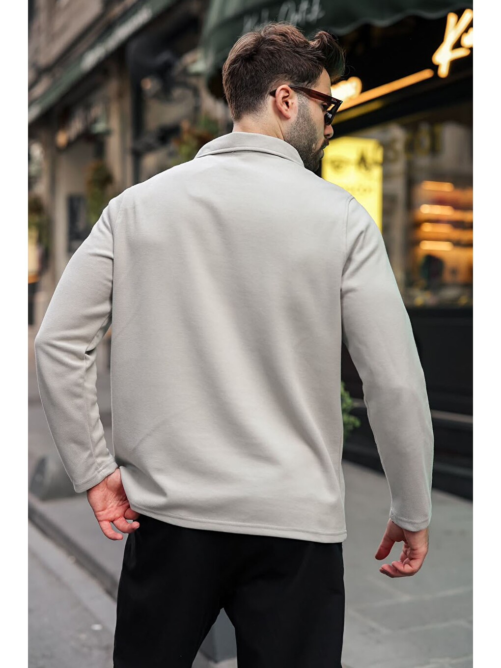 Boyalı Gri Yarım Fermuarlı Polo Yaka Dokulu Erkek Sweatshırt E7197-1